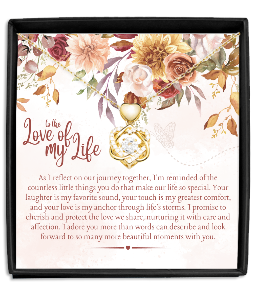 to the Love of My Life Dancing Heart Knot Gold Necklace