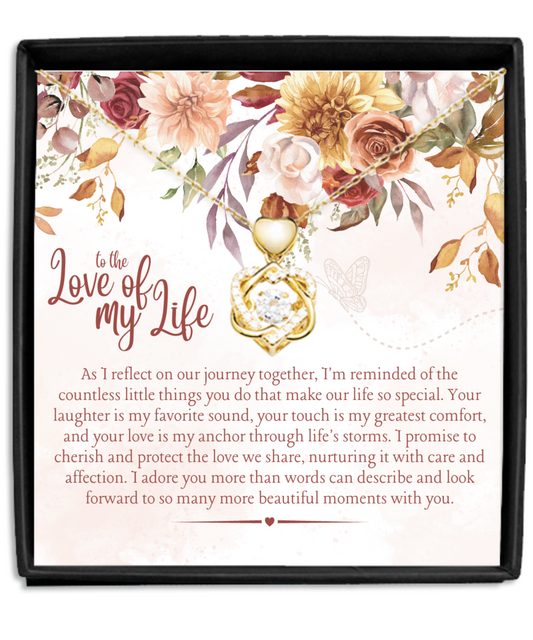 to the Love of My Life Dancing Heart Knot Gold Necklace