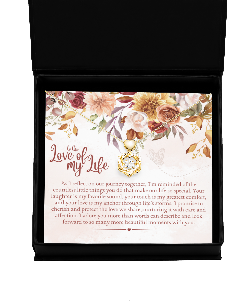 to the Love of My Life Dancing Heart Knot Gold Necklace