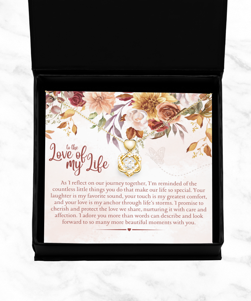 to the Love of My Life Dancing Heart Knot Gold Necklace