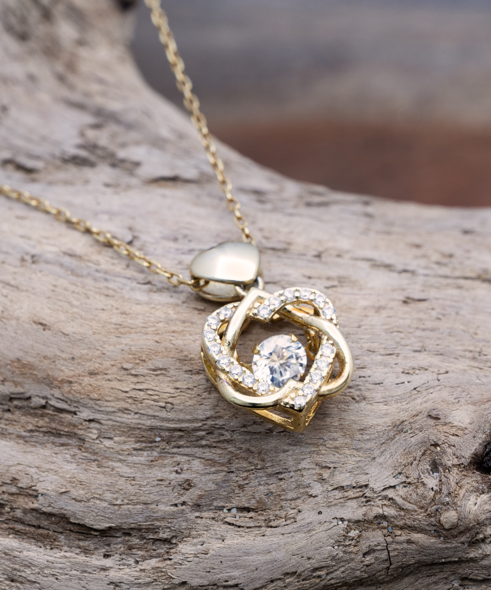 to the Love of My Life Dancing Heart Knot Gold Necklace